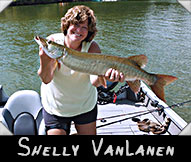 Shelly VanLanen boated this 34 ” musky guided by Jeff Pomplun