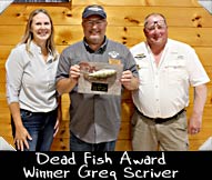 2023 WMH Dead Fish Award winner Greg Scriver shown here with WMH Board Members Jodi Long and Don Ladubec